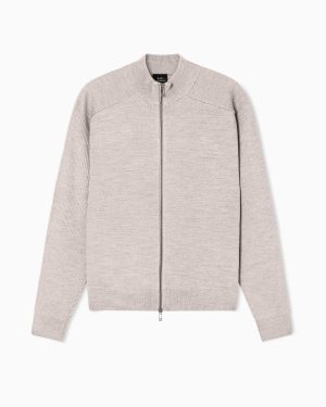 Cotton and Wool Cardigan with Ribbed Knitting