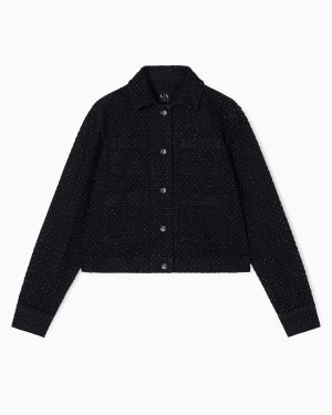 Black Denim Jacket with Rhinestone Appliques