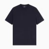 Navy short-sleeve crewneck t-shirt laid flat, minimalist basic top from A|X (no visible graphics)