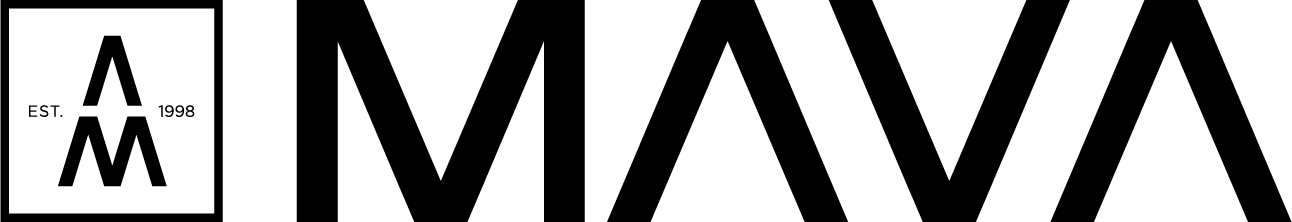 Brand logo: black square on left with a stylized overlapping 'A' and 'M' and 'EST. 1998'; to the right are large bold repeated 'M' shapes forming a pattern.